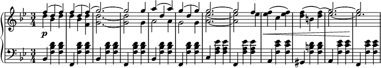 
 \relative c' {
  \new PianoStaff <<
   \new Staff { \key g \minor \time 3/4
    \set Score.tempoHideNote = ##t
     \tempo "" 2. = 56
    <<
   {
      f'( d f) f( d f)( g2.~) g2 g4 a( d, a') g( d g) g2.~ g2 f4 s\< s s s s s g2.~ g2\!
   }
    \\
   {
     d4 bes d d bes <d f,> <g, d'>2.~ <g d'>2 g4 a2 a4 g2 g4 <a ees'>2.~ <a ees'>2 ees'4 <ees f>^( c <ees f>) <d f>^( b <d f>)^( ees2.~) ees
   }
    >>
   }
   \new Dynamics {
    s\p
      }
   \new Staff { \key g \minor \time 3/4 \clef bass
      bes,,4 <f' bes d> <f bes d> f, <f' bes d> <f bes d> bes, <f' bes d> <f bes d> f, <f' bes d> <f bes d> bes, <f' bes d> <f bes d> f, <f' bes d> <f bes d> c <f a ees'> <f a ees'> f, <f' a ees'> <f a ees'> a, <f' c' ees> <f c' ees> gis,4 <f' b d> <f b d> a, <f' c' ees> <f c' ees> f, <f' c' ees> <f c' ees>
   }
  >>
 }
