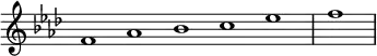 \relative c' {
\new Staff \with { \remove "Time_signature_engraver" }
{ \key f \minor \time 1/1 \cadenzaOn f1 aes bes c ees \bar "|" f \bar"|"}
}