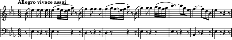<<
\new Staff \relative c'' {
\clef "treble"
\tempo "Allegro vivace assai"
\key ees \major
\time 6/8
\tempo 4 = 162
\partial 8 bes8 (ees4) ees8 ees4 ees8
ees4 (f32 ees d ees g8) r8
bes,8 (f'4) f8 f4 f8
f4 (g32 f e f aes8) r8
bes, (g'4) g8 g4 aes32 (g f g bes4.) ~ bes8 g ees
f4. ~ f8 d bes ees4 r8 r4 r8
}
\new Staff \relative c {
\clef "bass"
\key ees \major
\time 6/8
\partial 8 r8 ees4 r8 r4 r8 ees4 r8 r4 r8
d4 r8 r4 r8 d4 r8 r4 r8
ees4 r8 r4 r8 ees4 r8 r4 r8
bes4 r8 r4 r8
ees4 r8 r4 r8
}
>>