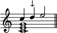 <<{\omit Staff.TimeSignature c''4d''^"↓経過音"e''2}\\{<c'e'g'>1 \bar "||"}>>