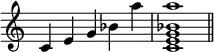 {\omit Staff.TimeSignature \time 5/4 c'4e'g'bes'a'' \time 4/4 <c'e'g'bes'a''>1 \bar "||"}