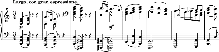 
 \relative c' {
  \new PianoStaff <<
   \new Staff { \key c \major \time 3/4 \tempo "Largo, con gran espressione."
    <<
     {
      <e c g>( <f d g,>8) b8\rest b4\rest g8.( d16 e8) b'8\rest b4\rest \clef bass
      \stemDown <e, c g e>4( _\( <d a d,>8) \) d,8\rest d4\rest \stemUp d'8.( a16) c4.( b8)
      \stemDown <c g e>4( <d b g f> <e c g>) \stemUp <e g,>( <d f,> <c a e>)]
      s32 b2*15/16~ b8 b \stemDown <d b f>4( _\( <c e,>8) \)
     }
    \\
     {
      \set tieWaitForNote = ##t
      s2. s s s s s \stemUp s32 d,2*7/16~ \stemDown g8 aes <g d> <f d>
     }
    \\
     { \stemDown s2. g4 g8 s4. s2. d4 <g d>2 s2. a2 s4 a4 }
    >>
   }
   \new Dynamics {
    s2.\p s s s4 s2\sf
   }
   \new Staff { \key c \major \time 3/4 \clef bass
    <<
     {
      <c, g c,>4( _\( <b g b,>8) \) d\rest d4\rest <b g b,>4( _\( <c g c,>8) \) d\rest d4\rest
      <c c,>4( _\( <fis, fis,>8) \) d'\rest d4\rest <fis, fis,>( _\( <f f,>2) \)
      e4_\( <d' d,> <c c,> \) <f, f,>2. <g g,>2 <g g,>4 g4( c8-.)
     }
    \\
     { s2. s s s s s s c,4. }
    >>
   }
  >>
 }

