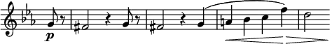 \relative c' \new Staff \with { \remove "Time_signature_engraver" } {
\key es \major \time 4/4 \partial 4
g'8\p r fis2 r4 g8 r fis2 r4 g( a\< bes c f\>) d2 s16\! }