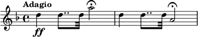 \version "2.18.2"
\relative c'' {
\key d \minor
\time 4/4
\tempo "Adagio "
\tempo 4 = 40
d4\ff d8.. d32 a'2\fermata
d,4 d8.. d32 a2\fermata
}
