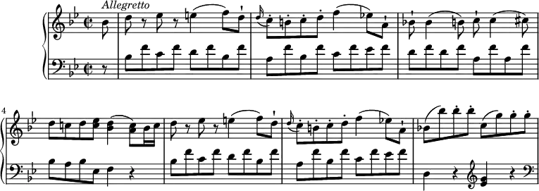 
\version "2.18.2"
\header {
  tagline = ##f
}
upper = \relative c'' {
  \clef treble
  \key bes \major
  \tempo "Allegretto"
  \time 2/2
  \tempo 4 = 128
   \partial 8 bes8^\markup{ \italic {Allegretto} } d r ees r e4 (f8) d-! 
  \grace d16 (c8-.) b-. c-. d-. f4 (ees!8) a,-!
  bes!-! bes 4 (b8) c-! c4 (cis8)
  d c! d <c ees> <bes d>4 (<a c>8) bes16 c
  d8 r ees r e4 (f8) d-!
  \grace d16 (c8-.) b-. c-. d-. f4 (ees!8) a,-!
  bes!8 (bes') bes-. bes-. c, (g') g-. g-.
}
lower =\relative c' {
  \clef bass
  \key bes \major
  \set Staff.midiMinimumVolume = #0.2 \set Staff.midiMaximumVolume = #0.5
  \partial 8  r8 
  bes f' c f d f bes, f'
  a, f' bes, f' c f ees f
  d f d f a, f' a,f'
  bes, a bes ees, f4 r
  bes8 f' c f d f bes, f'
  a, f' bes, f' c f ees f
  d,4 r \clef treble <ees'g>4 r  \clef bass
}
\score {
  \new PianoStaff <<  
    \new Staff = "upper" \upper
    \new Staff = "lower" \lower
  >>
  \layout {
    \context {
      \Score
      \remove "Metronome_mark_engraver"
    }
  }
  \midi { }
}
