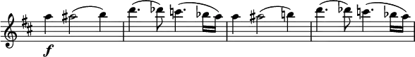 \relative c' \new Staff \with { \remove "Time_signature_engraver" } {
\key d \major \time 2/2
a''4\f ais2( b4) d4.( des8) c4.( bes16 a) a4 ais2( b!4) d4.( des8) c4.( bes16 a)
}