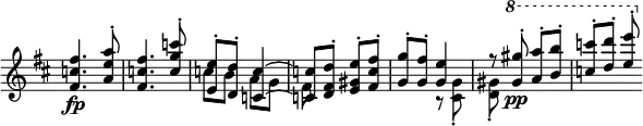
 \relative c' \new Staff \with { \remove "Time_signature_engraver" } {
  \key b \minor \time 2/4
  <<
   {
    <fis' c fis,>4.\fp <a e a,>8-. <fis c fis,>4. <c' g c,>8-. <e, e,>-. <d d,>-. <c~ c,~>4
    <c! c,!>8 <d fis, d>-. <e gis, e>-. <fis c fis,>-. <g g,>-. <fis g,>-. <e g,>4
    r8 \ottava #1 <gis' g,>-.\pp <a a,>-. <b b,>-. <c c,>-. <d d,>-. <e e,>-.
   }
   \\
   { 
    s2 s2 c,,8 b a g fis s4. s4 r8 <g cis,>-. <gis d>-.
   }
  >>
 }
