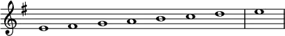 \relative c' {
\new Staff \with { \remove "Time_signature_engraver" }
{ \key e \minor \time 1/1 \cadenzaOn e1 fis g a b c d \bar "|" e \bar"|"}
}