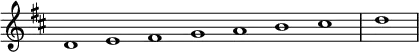 \relative c' {
\new Staff \with { \remove "Time_signature_engraver" }
{ \key d \major \time 1/1 \cadenzaOn d1 e fis g a b cis \bar "|" d \bar"|"}
}