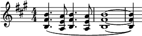 
 \relative c'' {
 \numericTimeSignature
 \time 4/4
 \key a \major
   <b fis b,>4.( <a e a,>8  <b fis b,>4. <a e a,>8
   <b fis b,>1 ~ | <b fis b,>4 )
 }
