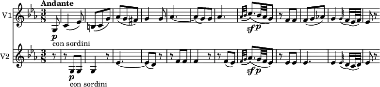 <<
\new Staff \with { instrumentName = #"V1"} \relative c' {
\clef "treble"
\tempo "Andante"
\key ees \major
\time 3/8
\tempo 4 = 30
\partial 8 g8 \p _ \markup{con sordini} c4 (ees8)
b (c g')
aes (g fis)
g4 g8
aes4. ~ aes8 (g) g
aes4.
\grace {aes32 (bes} c8.)\sf (bes32\p aes g8)
r8 f f
f (g aes!)
g4 \grace g32 (f16) (ees32 f)
ees8 r
}
\new Staff \with { instrumentName = #"V2 "} \relative c' {
\clef "treble"
\key ees \major
\time 3/8
\partial 8 r8 r g\p _ \markup{con sordini} g g4 r8
ees'4. ~ ees8 (d) r r f f f4 r8 r f (ees)
\grace {f32 (g} aes8.)\sf (g32\p f ees8)
r8 ees ees
ees4.
ees4 \grace ees32 (d16) (c32 d)
ees8 r
}
>>