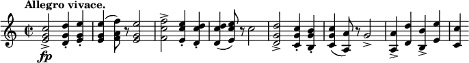 \relative c' { \key c \major \time 2/2 \tempo "Allegro vivace."
<c' g e>2->\fp <d g, d>4-. <e g, e>-. <e g, e>( <f a, f>8) r <e g, e>2 <f c f,>2-> <e c e,>4-. <d c d,>-. <d c d,>( <e c e,>8) r c2
<d g, d>2-> <c g c,>4-. <b g b,>-. <c g c,>( <a a,>8) r g2-> <a a,>4-> <d d,> <b b,>-> <e e,> <c c,>
}