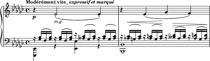 
 \relative c' {
  \new PianoStaff <<
   \new Staff {
    \key es \minor \time 4/4 \tempo \markup { Modérément vite_ \italic { expressif et marqué } } 
     r4\p es2-._\markup { \italic m.g. }( es4-.) r es( ges f)     
   }
   \new Staff {
   \key es \minor \time 4/4 \clef bass
    << 
     {
       r16 <bes, ges>( f <bes ges>) r <bes ges>( f <bes ges>) r <ces aeses>( ges <ces aeses>) r<ces aeses>( ges <ces aeses>)
       r <ces aes!>^\<( g <ces aes>) r <c aes>( g <c aes>)\! r <des beses>^\>( aes <des beses>) r <d aes>( g, <d' aes>)\!
     }
     \\
     { 
      <es,, es,>4 r <es' es,> r <bes bes,>1--
     }
    >>
   }
  >>
 }
