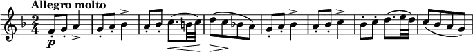 
\relative c' {
 \set Score.tempoHideNote = ##t \tempo "Allegro molto" 4=134 \key f \major \time 2/4
 f8-. \p g-. a4-> g8-. a-. bes4-> a8-. bes-. c8.\< ( b32 c) d8\> ( [ c\! bes! a] )
 g8-. a-. bes4-> a8-. bes-. c4-> bes8-. c-. d8.( e32 d) c8( [ bes a g] )
}
