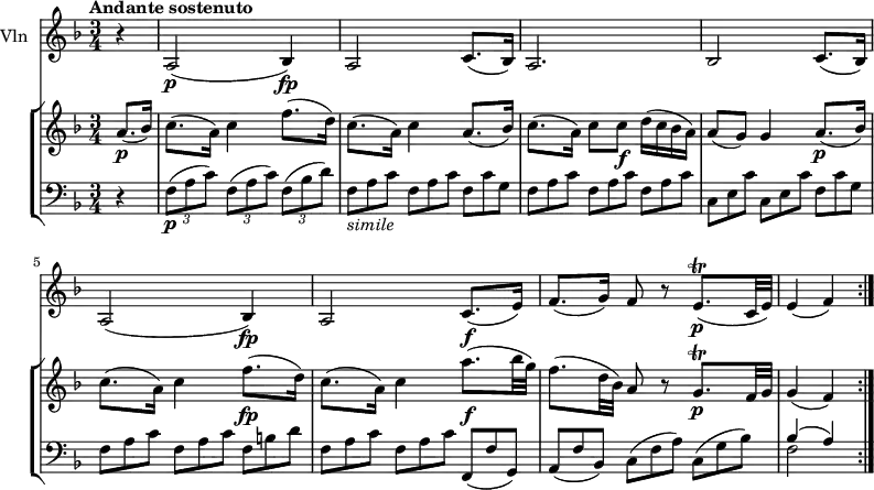 
\new GrandStaff <<
    \new StaffGroup <<
      \new Staff {
        \version "2.18.2"
        \tempo  "Andante sostenuto"
        \clef treble
        \key f \major
       \time 3/4
       \tempo 4 = 70
     \relative c'' {
                \partial 4 a8. \p (bes16)
                c8. (a16) c4 f8. (d16)
                c8. (a16) c4 a8. (bes16)
                c8. (a16)  c8 c \f d16 (c bes a)
                a8 (g) g4 a8.\p (bes16)
                c8. (a16) c4 f8.\fp (d16)
                c8. (a16) c4 a'8.\f (bes32 g)
                f8. (d32 bes) a8 r8 g8.\trill \p f32 g g4 (f) \bar ":|."
            }
      }
      \new Staff {
                 \clef bass 
                  \key f \major
                  \time 3/4
                  
      \relative c {
            \partial 4 r4
            \tuplet 3/2 {f8 \p (a c)} \tuplet 3/2 {f,8 (a c)} \tuplet 3/2 {f,8 (bes d)}
            \scaleDurations 2/3 {f,8_\markup{\italic simile} a c f, a c f, c' g f a c f, a c f, a c c, e c' c, e c' f, c' g  f a c f, a c f, b d 
            f, a c f, a c f,, (f' g,) a (f' bes,) c (f a) c, (g' bes) } <<\stemDown {f2} \\ \stemUp {bes4 ^ (a)}>> \bar ":|."
             }
      }
>>
    \new Staff { \set Staff.instrumentName = "Vln"
           \relative c'' {
              \key f \major
              \time 3/4
              \partial 4 r4 a,2 \p (bes4) \fp
              a2 c8. (bes16)
              a2. 
              bes2 c8. (bes16)
              a2 (bes4)  \fp
              a2 c8. \f (e16)
              f8. (g16) f8 r8 e8.\trill \p (c32 e) 
              e4 (f) \bar ":|."
                 }
      }
  >>
