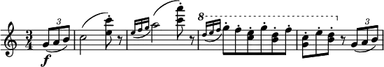 \relative c'' {
\override TupletBracket #'bracket-visibility = ##f
\time 3/4
\key c \major
\partial 4
\tuplet 3/2 { g8(\f a b) } | c2( <e c'>8-.) r | \acciaccatura { e16 f g } a2( <c a'>8-.) r |
\ottava #1
\acciaccatura { d16 e f } g8-. f-. <e c>-. g-. <d b>-. f-. | <c g>-. e-. <d b>-.
\ottava #0
r \tuplet 3/2 { g,,8( a b) } |
}