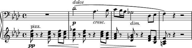{ \new PianoStaff <<
\new Staff \relative des' { \set Staff.midiInstrument = #"trombone" \key aes \major \clef bass \time 4/4 \set Score.tempoHideNote = ##t \tempo 4 = 54
R1 | % 2
des2 \p ^\markup{ \italic {dolce} } ( as4. _\markup{
\italic
{cresc.}
} bes8 | % 3
c8 bes16 as16 ges2 _\markup{ \italic {dim.} } des8 es8 | % 4
f4 ) r4 r2
}
\new Staff \relative as' { \set Staff.midiInstrument = #"string ensemble 1" \key aes \major \clef treble \time 4/4
<as c f>8 \pp ^"pizz." r8 r4 <g c es>8 \< r8 <as c f>8 <g c es>8 | % 2
<bes des ges>8 r8 \! <as des f>8 r8 r4 <as c es>8 \> <f bes des>8 | % 3
<f as c>8 r8 <des ges bes>8 r8 \! r4 <des f as>8 <bes es ges>8 | % 4
<a c f>8 r8 r4 r2 }
>> }