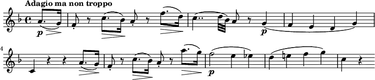 \version "2.18.2"
\relative c'' {
\key f \major
\time 4/4
\tempo "Adagio ma non troppo "
\tempo 4 = 80
\partial 4 a8.\p \> (g16)\!
f8-. r c'8.\> (bes16)\! a8-. r f'8.\> (d16)\!
c4.. (d32 bes) a8 r g4\p
(f e d g)
c, r r a'8.\> (g16)\!
f8-. r c'8.\> (bes16)\! a8-. r a'8.\> (g16)\!
f2\p (e4 ees)
d (e! f g)
c, r
}