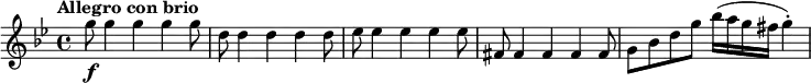 \relative c''' {
\version "2.18.2"
\tempo "Allegro con brio"
\key g \minor
g8\f g4 g g g8 |
d8 d4 d d d8 |
es8 es4 es es es8 |
fis,8 fis4 fis fis fis8 |
g8 bes d g bes16( a g fis g4)-. |
}