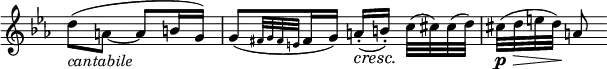 
 \relative c' {
  \new PianoStaff <<
   \new Staff \with { \remove "Time_signature_engraver" } { \key es \major \time 2/4
    d'8_\markup \italic cantabile ( a~ a b16 g) g8[( \grace { fis32[ g fis e] } fis16 g)] a-.\cresc [( b-.\!)] c32( cis) cis( d) cis\p \>[( d e d\!)] a8
   }
  >>
 }
