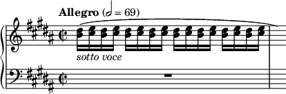 
\new PianoStaff <<
\new Staff = "Up" <<
\new Voice \relative c' {
\clef treble
\tempo "Allegro" 2=69
\key gis \minor
\time 2/2
<b' dis>16_\markup{\italic sotto \italic voce} ([<cis e> <b dis> <cis e>] <b dis> <cis e> <b dis> <cis e> <b dis> [<cis e> <b dis> <cis e>] <b dis> <cis e> <b dis> <cis e> \hide r16)
}
>>
\new Staff = "Down" <<
\new Voice \relative c{
\clef bass
\key gis \minor
R1 s16
}
>>
>>
