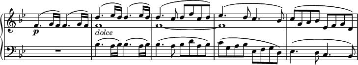 \relative c' {
\new PianoStaff <<
\new Staff \with { \remove "Time_signature_engraver" } { \key bes \major \time 4/4
<<
{
f4.\p( g16 f) f4.( g16 f) d'4.( es16 d) d4.( es16 d) d4.( c8 d f c d) es4.( d8 c4. bes8) c8( g a bes es, f g d)
}
\\
{ s1 f1_\markup \italic dolce f~ f s1 }
>>
}
\new Staff \with { \remove "Time_signature_engraver" } { \key bes \major \time 4/4 \clef bass
R1 bes,4.( a16 bes) bes4.( a16 bes) bes4.( a8 bes d a bes) c( g a bes es, f g d) es4.( d8 c4. bes8)
}
>>
}