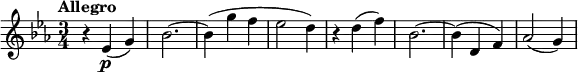 
\version "2.14.2"
 \relative c' {
         \clef "treble" 
         \tempo "Allegro"
         \key ees \major
         \time 3/4 
         \tempo 4 = 155
      r4 ees4\p (g)
      bes2. ~
      bes4 (g' f
      ees2 d4)
      r4 d4 (f)
      bes,2. ~
      bes4 (d, f)
      aes2 (g4)
}
