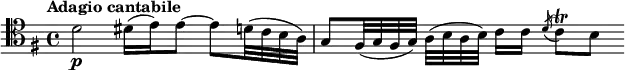 
\version "2.18.2"
\relative c'' {
  \key g \major
  \time 4/4
  \tempo "Adagio cantabile"
  \tempo 4 = 40
  \clef tenor d,2\p dis16 (e) e8~ e d32 (c b a)
  g8 fis32 (g fis g) a (b a b) c16\noBeam [c] \acciaccatura d c8\trill [b]
}
