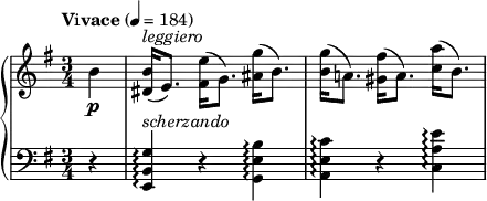 
\new PianoStaff <<
\new Staff = "Up" <<
\new Voice \relative c' {
\clef treble
\tempo "Vivace" 4=184
\key e \minor
\time 3/4
\partial 4
b'4 \p <dis, b'>16^\markup{\italic leggiero} (e8.) <fis e'>16 (g8.) <ais g'>16 (b8.) <b g'>16 (a!8.) <gis fis'>16 (a8.) <c a'>16 (b8.)
}
>>
\new Staff = "Down" <<
\new Voice \relative c{
\clef bass
\key e \minor
r4 <e, b' g'>^\markup{\italic scherzando} \arpeggio r <g e' b'> \arpeggio <a e' c'> \arpeggio r <c a' e'> \arpeggio
}
>>
>>
