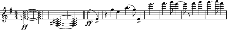 {\key e \minor \time 3/4 \set Score.tempoHideNote = ##t \tempo "" 2.=64 \relative c' {<f a c e>2.\ff ~ q <e cis ais fis> ~ q \bar "||" e'2(\ff e,4->) r g' e b'4.( g8) e,4-> e''2. fis4. g8 e4 ~ e8 r fis4 g g4. a8 fis4}}