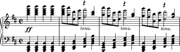 \new PianoStaff <<
\new Staff \relative c'''{\time 2/2 \key b \minor \set Score.tempoHideNote = ##t \tempo "" 2 = 112
<<
{s1 s2 r4 <d b> s2 r4 <b g> s2 r4 <b fis>}
\\
{<b' fis d b>4\ff q q q <b fis d b>8 <a a,> <d, d,> <e e,> \override TextScript.self-alignment-X = #-0.5 <fis fis,>2_\markup{\italic tenu.} <a a,>8 <g g,> <cis, cis,> <d d,> <e e,>2_\markup{\italic tenu.} <g g,>8 <fis fis,> <b, b,> <cis cis,> <d d,>2_\markup{\italic tenu.}}
>>
}
\new Staff \relative c {\clef bass \key b \minor <b fis d b>4 q q q <b fis d b> <d b fis d> <fis d b fis> <b fis d b> <b, g e b> <e b g e> <g e b g> <b g e b> <b, fis d b> <d b fis d> <fis d b fis> <b fis d b>}
>>