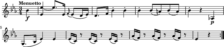 \version "2.18.2"
\relative c'' {
\key es \major
\time 3/4
\tempo "Menuetto"
\tempo 4 = 132
\partial 4 bes4\f
<es, es'> ~ es'8. es,16 \grace f16 (es8) (d16 es)
d8. f16 bes4-. bes-.
bes-. bes8 (a) bes (a)
bes4-. r aes,!\p
g8. (bes16 es4) es
es16 (c) r8 es16 (c) r8 es16 (c) r8
aes'16 (f) r8 aes16 (f) r8 aes16 (f) r8
es4 r \bar ":|."
}