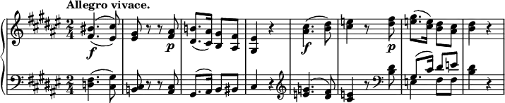 \relative c' {
\new PianoStaff <<
\new Staff { \key fis \major \time 2/4 \tempo "Allegro vivace."
\override DynamicLineSpanner #'staff-padding = #1.5
\override DynamicLineSpanner #'Y-extent = #'(-1.0 . 1.0)
\override TextScript #'Y-extent = #'(-2.0 . 2.0)
<bis' fis>4.\f( ^\( <cis eis,>8) \) <gis eis> r r <ais fis>\p <b! dis,>8.( <ais cis,>16) <gis b,>8 <fis ais,> <eis gis,>4 r
<cis' ais>4.\f ( <dis b>8) <e cis>4 r8 <fis dis>\p <gis e>8.( <e cis>16) <dis b>8 <cis ais> <dis b>4 r
}
\new Staff { \key fis \major \time 2/4 \clef bass
<<
{
\stemDown <fis,, d>4.( <gis cis,>8) \stemUp <cis, b!> d\rest d\rest <cis ais> gis8.( ais16) b8 bis cis4 d4\rest \clef treble
<g' e>4.( <fis dis>8) <e cis>4 b'8\rest \clef bass \once \stemDown <dis, b> gis,8.( cis16) dis8 e \stemDown <dis b>4 d,\rest
}
\\
{ s2 s2 s2 s2 s2 s2 e4 fis8 fis s4 }
>>
}
>>
}