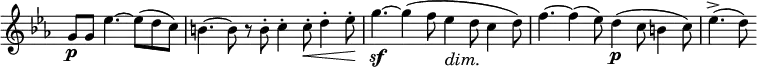 \relative c' \new Staff \with { \remove "Time_signature_engraver" } { \key c \minor \time 12/8 \partial 1
g'8\p g es'4.~ es8( d c) b4.~ b8 r b-. c4-. c8-.\< d4-. es8-.\! g4.~\sf g4( f8 es4\dim d8\! c4 d8) f4.~ f4( es8) d4\p( c8 b4 c8) es4.->( d8)}