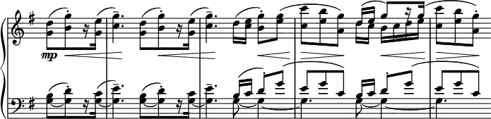 
\relative c'' {
  \new PianoStaff <<
   \new Staff \with { \remove "Time_signature_engraver" } {
    \key g \major \time 3/4 \set Score.tempoHideNote = ##t \tempo "" 4=126 \partial 4.
    <d g,>8[ ( <g b,>-.) r16 <e g,>] ( <g c,>4.-- ) <d g,>8[ ( <g b,>-.) r16 <e g,>] (
    <g c,>4.-- ) d16( <e c> <g b,>8-.) <g e>( <c c,> <b e,> <g a,>)
    << { d16( e g8) [ b16\rest g] ( \stemDown <c c,>8[ <b e,> <g a,>-.] ) } \\ { d16 c b c d e s4. } >> 
   }
   \new Dynamics {
    s8\mp s\< s s s\! s s s\< s s s\! s s s\< s s\> s s\! s s\< s s\> s s\!
   }
   \new Staff \with { \remove "Time_signature_engraver" } {
    \key g \major \time 3/4 \clef bass
    <b, g_~>8[ ^( <d g,>-.) r16 <c g_~>] ( <e g,>4.--)
    <b g_~>8[ ( <d g,>-.) r16 <c g_~>] <e g,>4.--)
    <<
     { b16( c d8-.) g( e[ g c,] ) b16 c d8-.) g( e[ g c,] ) }
     \\
     { g8~ g4~ g4. g8~ g4~ g4. } 
    >>
   }
  >>
 }
