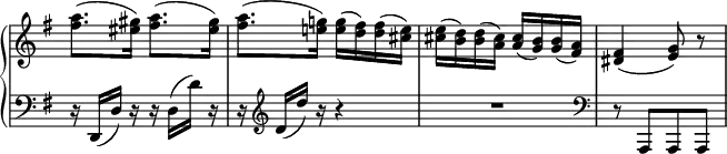 
 \relative c' {
  \new PianoStaff <<
   \new Staff \with { \remove "Time_signature_engraver" } { \key g \major \time 2/4
    <a'' fis>8.( <gis eis>16) <a fis>8.( <gis eis>16)
    <a fis>8.( <g! e!>16) <g e>( <fis d>) <fis d>( <e cis>)
    <e cis>( <d b>) <d b>( <cis a>) <cis a>( <b g>) <b g>( <a fis>)
    <fis dis>4( <g e>8) r
   }
   \new Staff \with { \remove "Time_signature_engraver" } { \key g \major \time 2/4 \clef bass
    r16 d,,( d') r r d( d') r r\clef treble d( d') r r4 R2 \clef bass r8 a,,,[ a a]
   }
  >>
 }

