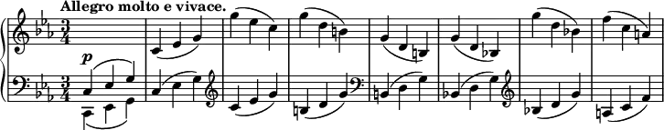 
 \relative c' {
  \new PianoStaff <<
   \new Staff = "up" { \key c \minor \time 3/4 \tempo "Allegro molto e vivace."
    \change Staff = "down" \stemUp c,4^\( es g\) \change Staff = "up" \stemNeutral c( es g) g'( es c) g'( d b)
    g( d b) g'( d bes!) g''( d bes!) f'( c a)
   }
   \new Dynamics {
    s4\p
   }
   \new Staff = "down" { \key c \minor \time 3/4 \clef bass
    \stemDown c,,,4_\( es g\) \stemNeutral c( es g) \clef treble c( es g) b,( d g) \clef bass
    b,,( d g) bes,!( d g) \clef treble bes!( d g) a,( c f)
   }
  >>
 }
