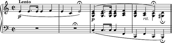 
\new PianoStaff <<
\new Staff = "Up" <<
\new Voice \relative c' {
\clef treble
\key a \minor
\omit Score.MetronomeMark
\tempo 4=50
\time 2/2
e4^\markup{\bold Lento} \p (e8. e16 e4 f e c \tempo 4=40 e2 \fermata) \tempo 4=50 <g, c e>4 \p ^(<g c e>8. <g c e>16 <g c e>4 <a c f> <g c e> <a c>_\markup{\italic rit.} \tempo 4=25 e'2 \fermata)
}
\new Voice \relative c'{
\stemDown
s1 s s s2 <g c>4 <gis d'>_\fermata
}
>>
\new Staff = "Down" <<
\new Voice \relative c{
\clef bass
\key a \minor
R1 s4. r1 \fermata
}
\new Voice \relative c{
s1 s c4 (c8. c16 c4 f,4 c f c b4_\fermata) \bar "||"
}
>>
>>
