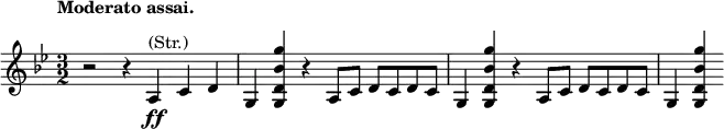 \relative c' \new Staff {
\key g \minor \time 3/2 \tempo "Moderato assai."
r2 r4 a\ff ^\markup (Str.) c d g, <g''bes, d, g,> r a,,8 c d c d c
g4 <g'' bes, d, g,> r a,,8 c d c d c g4 <g'' bes, d, g,>
}