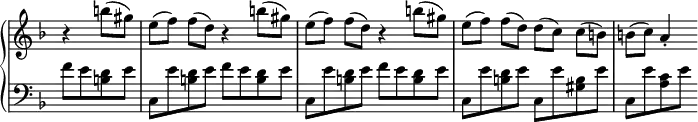 
 \relative c' {
  \new PianoStaff <<
   \new Staff \with { \remove "Time_signature_engraver" } { \key d \minor \time 4/4 \partial 2
    r4 b''8( gis) e( f) f[( d)] r4 b'8( gis) e( f) f[( d)] r4 b'8( gis) e( f) f[( d)] d( c) c[( b)] b( c) a4-.
   }
   \new Staff \with { \remove "Time_signature_engraver" } { \key d \minor \time 4/4 \clef bass
    f8 e <d b> e c, e' <d b> e f e <d b> e c, e' <d b> e f e <d b> e c, e' <d b> e c, e' <b gis> e c, e' <c a> e
   }
  >>
 }
