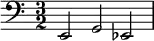 { \clef bass \time 3/2 \relative c' { e,,2 g ees }}