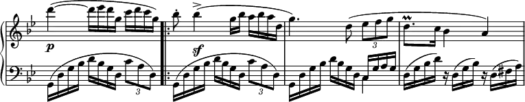 \relative c''' {
\new PianoStaff <<
\new Staff \with { \remove "Time_signature_engraver" } {
\key g \minor \time 3/4 \set Score.tempoHideNote = ##t \tempo "" 4=126
d4-\p ( ~ d16 es d g, c d c g) \bar".|:" bes8-. bes4\sf -> ( g16 bes a bes a d,
g4.) d8( \times 2/3 { es f g } d8.\prall c16 bes4 a)
}
\new Staff \with { \remove "Time_signature_engraver" } {
\key g \minor \time 3/4 \clef bass
g,,16( d' g bes d bes g d \times 2/3 { c'8 a d,) }
g,16( d' g bes d bes g d \times 2/3 { c'8 a d,) }
g,16 d' g bes d bes g d << { c g' a g } \\ { c,4 } >>
d16( g bes d) r d,( g bes) r d,( fis a)
}
>>
}