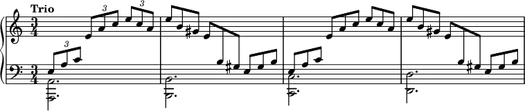 
 \relative c' {
  \new PianoStaff <<
   \new Staff = "up" { \key c \major \time 3/4 \tempo "Trio"
    \stemUp \change Staff = "down" \times 2/3 { e,8 a c }
    \change Staff = "up" \times 2/3 { e a c } \times 2/3 { e c a }
     e'8*2/3 b gis e \change Staff = "down" b gis e gis b |
     e, a c \change Staff = "up" e a c e c a |
     e' b gis e \change Staff = "down" b gis e gis b
   }
   \new Staff = "down" { \key c \major \time 3/4 \clef bass
    \stemDown <a, a,>2. <b b,> <c c,> <d d,>
   }
  >>
 }
