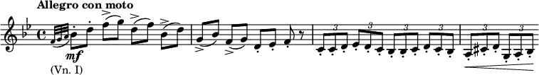 
\relative c' \new Staff {
 \key bes \major \time 4/4 \tempo "Allegro con moto"
  \acciaccatura { f32_\markup { (Vn. I) } [ g a] } bes8-.\mf [ d-.] f->( g) d->[( f)] bes,->( d)
  g,->[( bes)] f->( g) d-.[ es-.] f-. r
  \times 2/3 { c-.[ c-. d-.] } \times 2/3 { es-.[ d-. c-.] } \times 2/3 { bes-.[ bes-. c-.] } \times 2/3 { d-.[ c-. bes-.] }
  \times 2/3 { a-.\<[ cis-. d-.] } \times 2/3 { g,-.[ a-. bes-.\!] }
}
