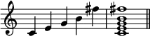 {\omit Staff.TimeSignature \time 5/4 c'4e'g'b'fis'' \time 4/4 <c'e'g'b'fis''>1 \bar "||"}