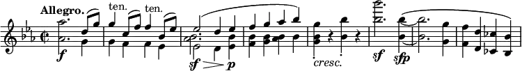 
 \relative c' {
  \new PianoStaff <<
   \new Staff { \key es \major \time 2/2 \tempo "Allegro."
    <<
     { \once \stemDown <aes'' aes,>2.\f d,8( g) g4^\markup ten. c,8( f) f4^\markup ten. bes,8( es) es2( d4 es f g aes bes) }
    \\
     { s2. g,4 g f f es es2 d4 <bes' es,> <bes f> <bes g> <bes aes> bes
       <g' bes, g>-.\cresc b,\rest \! <bes' bes,>-. b,\rest <bes'' bes,>2.\sf <bes,~ bes,~>4\sfp ^\(
       <bes bes,>2. <g g,>4 <f f,> \stemUp <d d,> <ces ces,> <bes bes,>\)
     }
    \\
     { s1 s1 \stemDown <bes aes>2.\sf \> s4\p }
    >>
   }
  >>
 }
