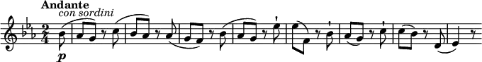 \relative c''' {
\version "2.18.2"
\tempo "Andante"
\key ees \major
\time 2/4
\tempo 4 = 50
\partial 4 \partial 8 bes,8\p^\markup { \italic {con sordini} } (aes g) r8
c8 (bes aes) r8
aes (g f) r8 bes (aes g) r8
ees'-! ees (f,) r8 bes-!
aes (g) r8 c-!
c (bes) r8
d, (ees4) r8
}