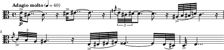 { \key a \minor \tempo "Adagio molto" 4=40 \time 4/4 \relative c'
{\clef alto
e32->\p cis8..~cis8. r16 dis32-> eis8..~eis8. r16
\acciaccatura gis \tuplet 3/2 {e32-> cis dis~} dis8.~dis8. r16 ais64-> (b bis d) cis4. r16
\acciaccatura e \tuplet 3/2 {c32-> b a} ais4. r16 e64-> (eis fis gis) fisis4.~ fisis32 eis64(dis)
d32-> e4...}
}
