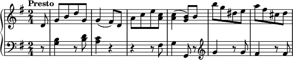 
 \relative c' {
  \new PianoStaff <<
   \new Staff { \key g \major \time 2/4 \tempo "Presto" \partial 8
    d8 g [b d g,] g4 (fis8) d a' [c e <c a>] <c a>4 (<b g>8) b b' [g dis e] a [fis cis d]
     }
   \new Staff { \key g \major \time 2/4 \clef bass \partial 8
    r8 <b, g>4 r8 <d b> <c a>4 r r r8 fis, g4 g,8 r \clef treble g''4 r8 g fis4 r8 fis
     }
     >>
    }
