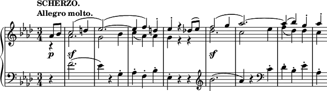 \relative c' {
\new PianoStaff <<
\new Staff { \key aes \major \time 3/4 \partial 4
\tempo \markup {
\column {
\line { SCHERZO. }
\line { Allegro molto. }
}
}
<<
{
aes'8 bes c2( d4 es2.)(~ es4 f) d-. es-. r des!8( es) f2( g4 aes2.) ~ aes4( bes) g-. aes-.
}
\\
{
r4 aes,2. g2 bes4 c( aes) aes g r r des'2. c2 es4 f( des) des c
}
>>
}
\new Dynamics {
s4\p s2.\sf s s s s\sf
}
\new Staff { \key aes \major \time 3/4 \clef bass
r4 f,2.( es4) r g,-. aes-. f-. bes-. es,-. r r \clef treble bes''2.( aes4) r \clef bass c,-. des-. bes-. es-. aes,-.
}
>>
}